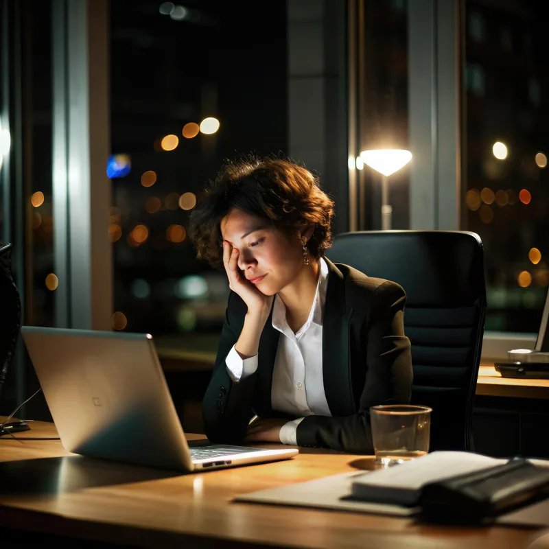 A business owner working late at a laptop, weighed down by a slow hiring process.