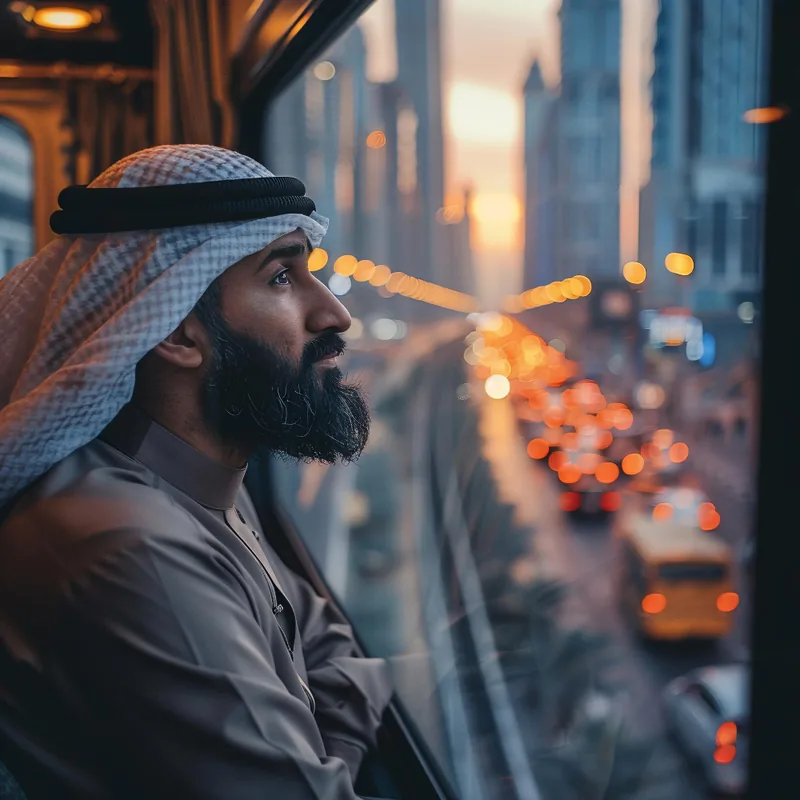 A professional looking out over a UAE city skyline at dusk.