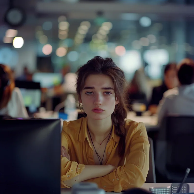 A young professional in an office, unsure who to trust with a project.