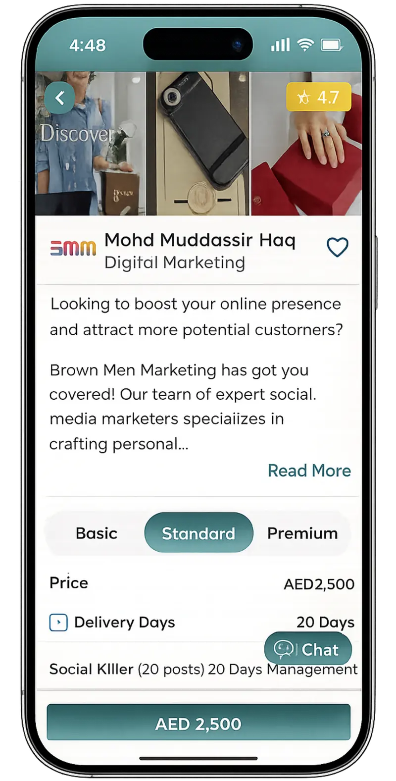A Wizer provider profile for a digital marketing specialist, with package pricing in AED and a chat option.