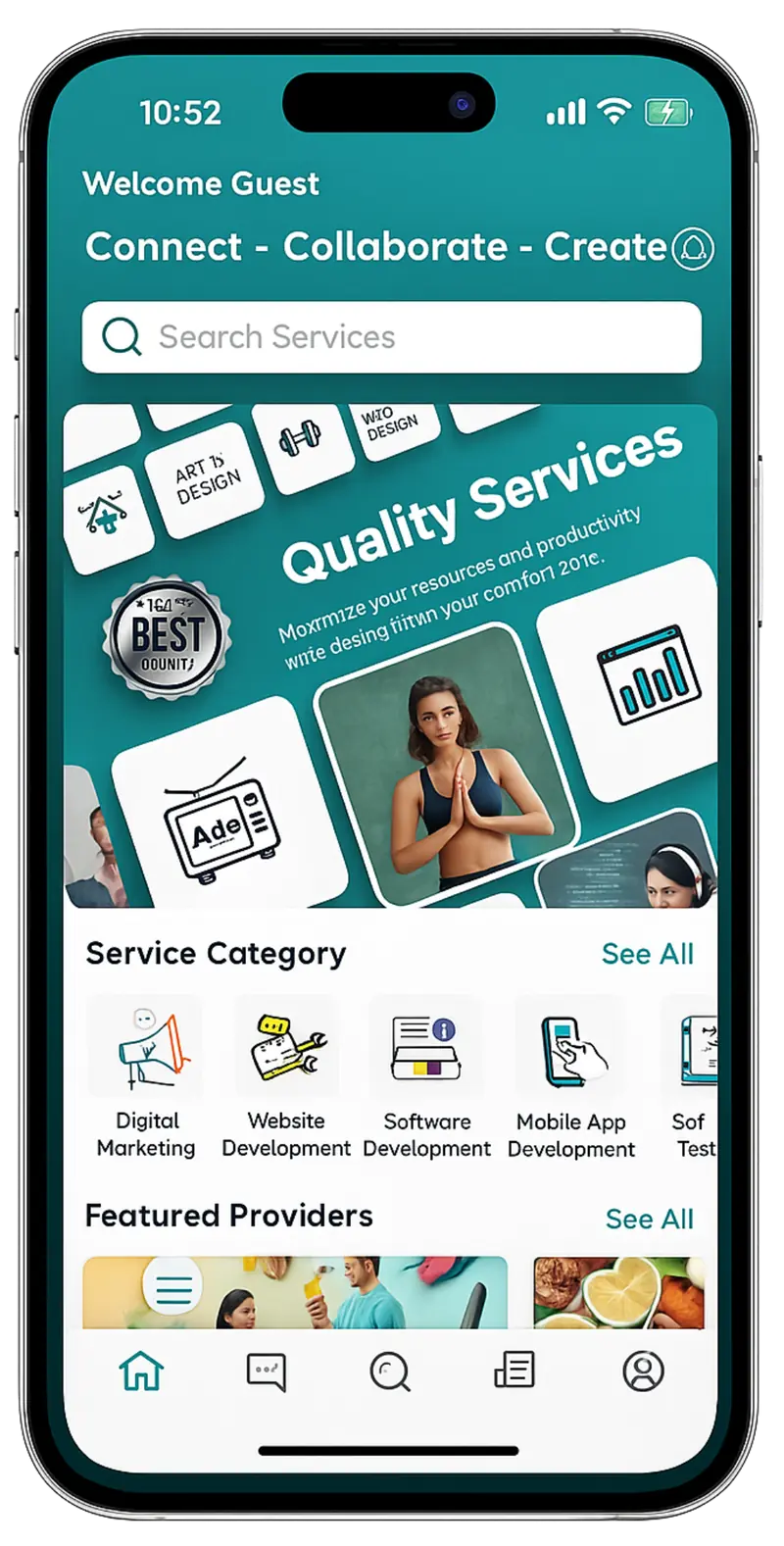 The Wizer app home screen: a service search bar, categories including Digital Marketing and Website Development, and a list of featured providers.