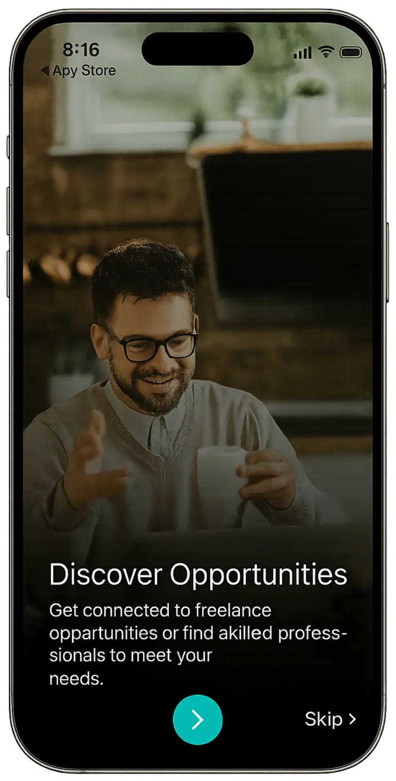 Wizer onboarding screen titled 'Discover Opportunities' — connect to freelance work and find skilled professionals.