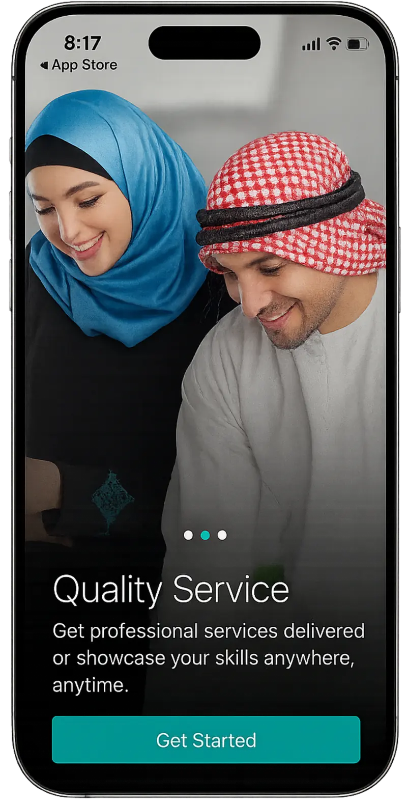 Wizer onboarding screen titled 'Quality Service' — get professional services delivered, or showcase your skills.
