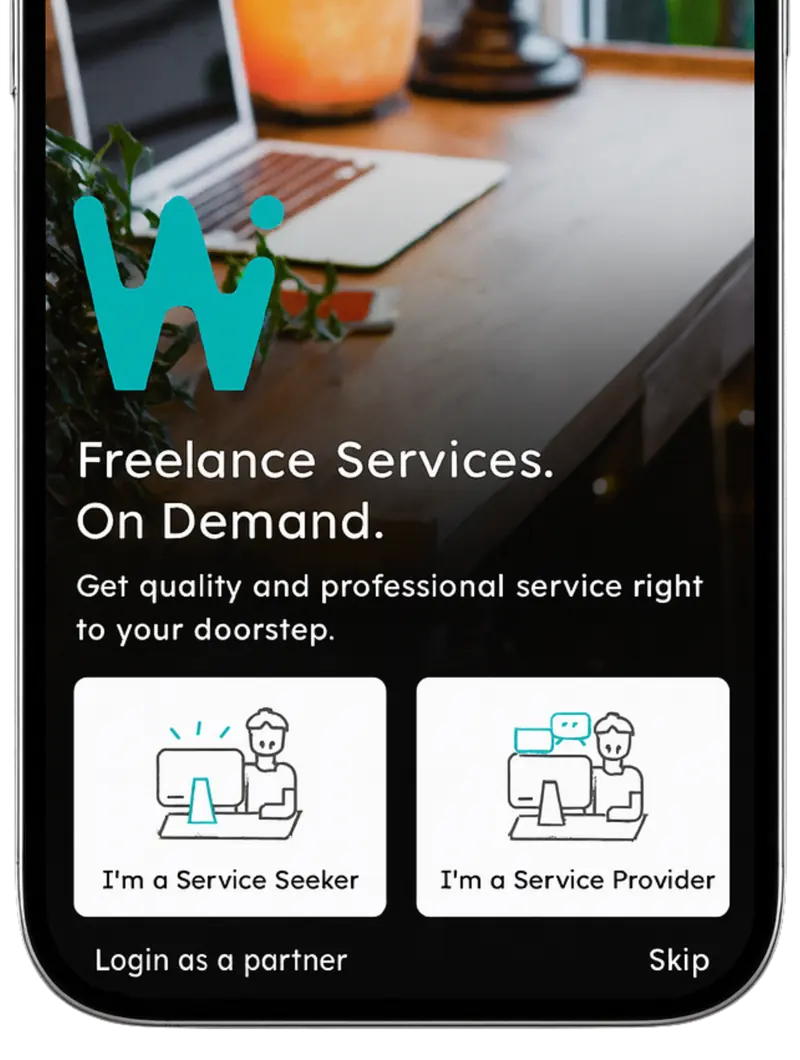 Wizer welcome screen reading 'Freelance Services. On Demand.' with options to continue as a service seeker or a service provider.