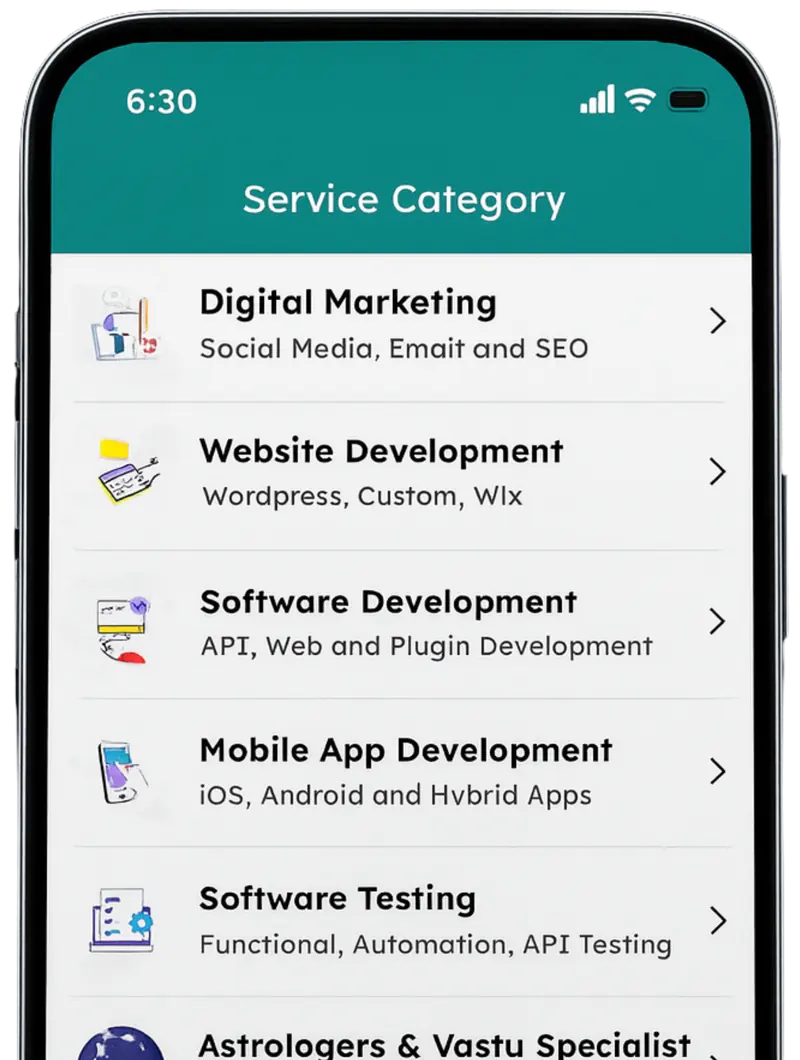 Wizer service category list showing Digital Marketing, Website Development, Software Development, Mobile App Development and Software Testing.