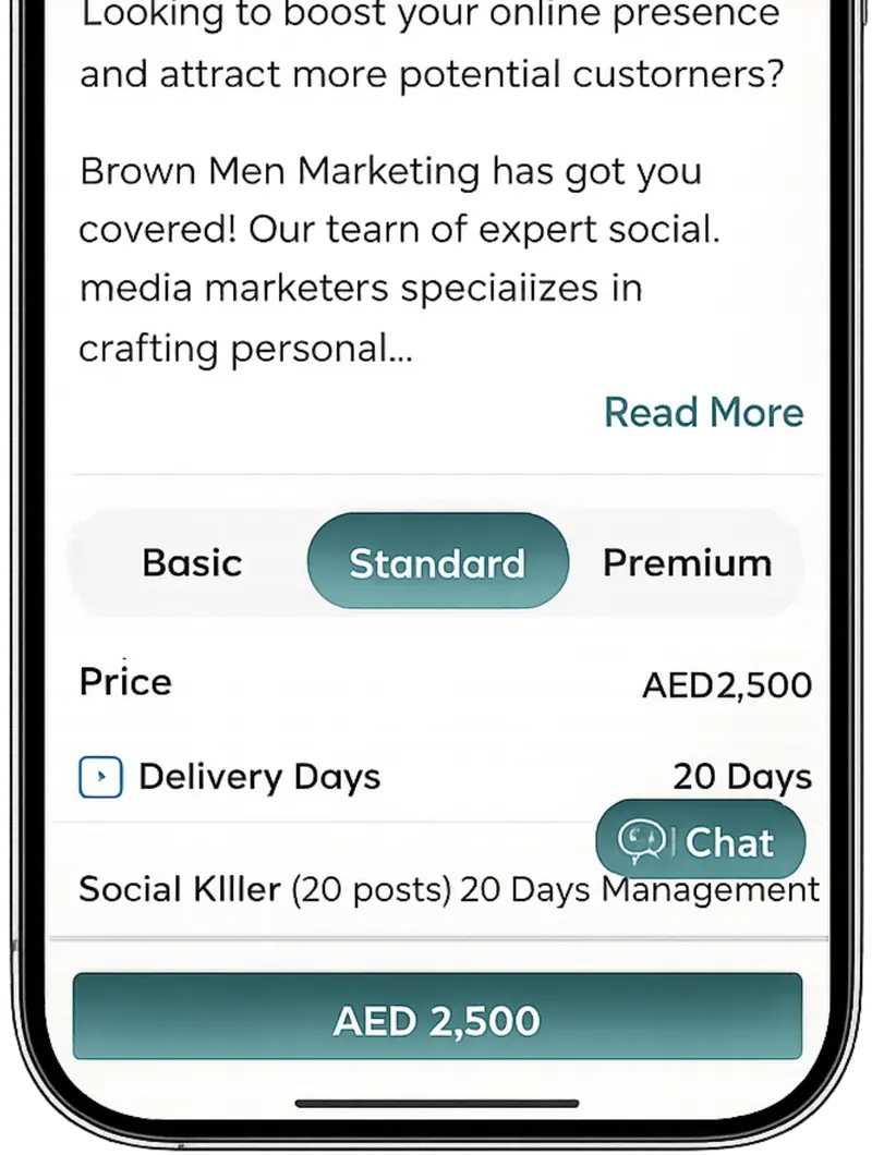 A Wizer provider profile showing Basic, Standard and Premium packages priced in AED, delivery time, and a chat button.